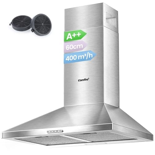 Image of COMFEE' 60 cm Chimney Cooker Hoods Class A++ Stainless Steel Extractor Hood with LED and Recirculating & Ducting System Wall Mounted Hood 600 mm with Carbon Filters