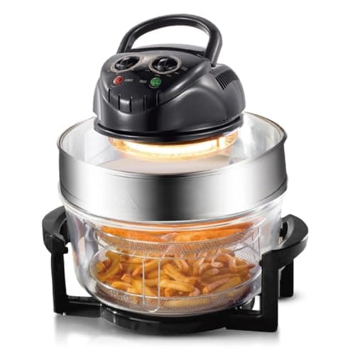Image of 12L Halogen Air Fryer Oven with Extender Ring, Glass Air Fryer, Large Family Capacity, 360° Heating, Adjustable Temp & Timer, Includes Racks, Mesh Baskets, Tongs & Accessories black