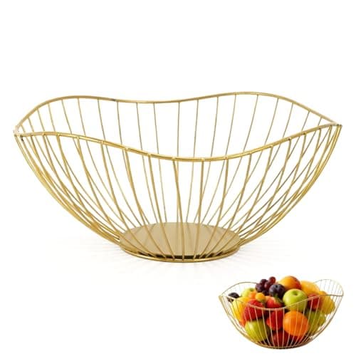 Image of Siocok Gold Wire Fruit Basket Fruit Bowl, Iron Arts Fruit Storage Baskets for Kitchen Counter, for Home Decor, Table Centerpiece Decorative Hold Vegetables, Bread, Snacks, Potpourris