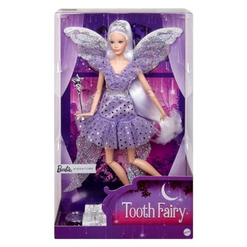 Image of Barbie Signature Tooth Fairy Doll, Collectible Barbie Doll with Fairy Wings, Wand & Coin Bag, Gift for 6 Year Olds & Up, JCW43