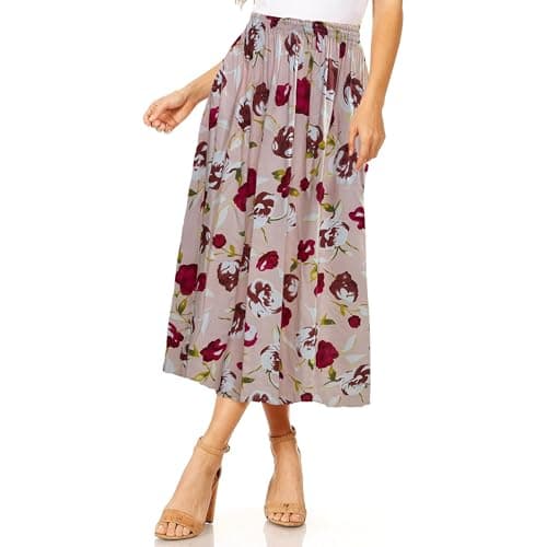 Image of L S U Women Floral Print Skirt Soft Lightweight Elasticated Waist (UK, Alpha, M, L, Regular, Regular, Pink)