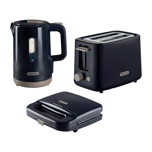Image of Ariete ARPK48 Breakfast Line Set – 1.7L Kettle, 2-Slice Toaster & 750W Sandwich Toaster, Retro Grey Design with Auto Shut-Off, Crumb Tray & Non-Stick Plates