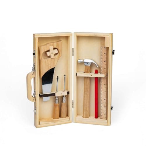 Image of Bigjigs Toys DIY Tool Box - 6pcs Wooden Kids Tools, Real Child Friendly Construction Kits, Eco Gift Sets For Girls & Boys, Age 5 Years Old +