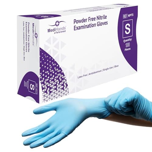 Image of MediHands Nitrile Gloves Small, Blue Heavy Duty Disposable Glove and Surgical Gloves, Powder Free and Latex Free, Medical, Food, Multi Use, Pack of 100