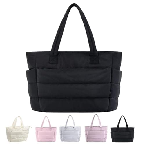 Image of EEJBYTDI Puffer Travel Tote, Quilted Puffer Tote Bag for Women Large SizeLightweight Puffy Tote Bag with Compartments (Black)