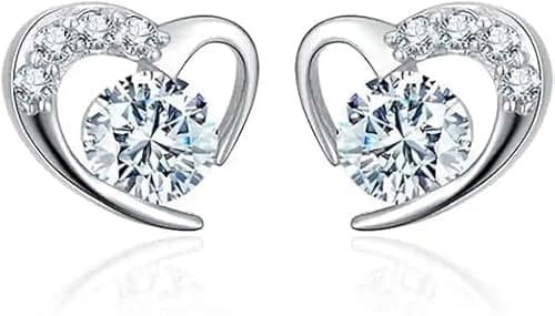 Image of 925 Sterling Silver Heart Shaped Earrings – Cubic Zirconia Studs with Stainless Steel Backing for Women Elegant Jewellery Gift for Girls, Teens & Ladies (1 Pair)