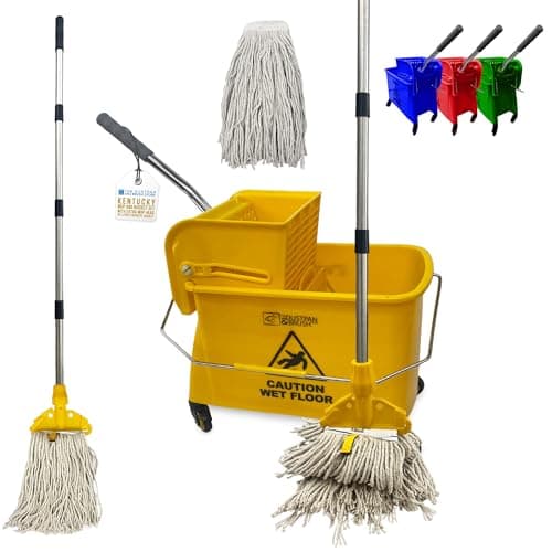 Image of Professional Kentucky Floor Mop and Bucket Set on Wheels - Large Capacity Commercial Industrial Floor Mop Bucket with Wringer, Ideal for Warehouse, Hotel, Office, School Use - Yellow