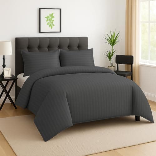 Image of MIA we dress your home Luxury King Duvet Cover Set - Hotel Quality Satin Stripe Dark Grey Bedding Set Comforter Quilt Cover With 2 Pillowcases (Dark Grey, King)