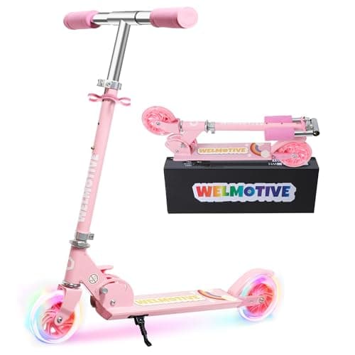 Image of Kick Scooter for 3+Years Old Boys & Girls Lightweight, Foldable, Aluminum Frame, and Adjustable Handlebars, Rear Brake, and Flashing Light up Wheels (Pink)