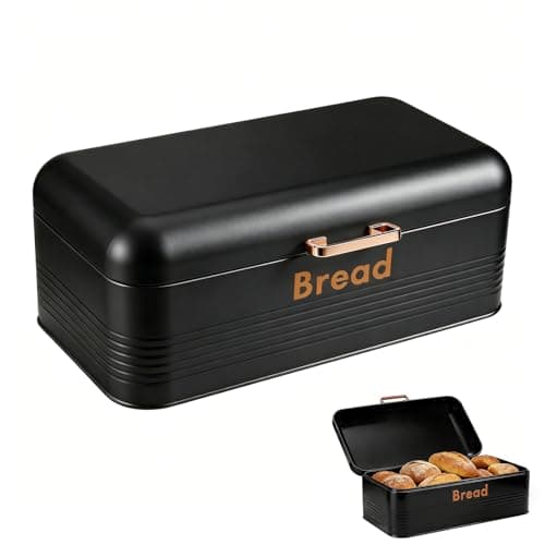Image of Yuecda large Metal Bread Box, Kitchen Countertop Storage with Hinged Lid Ventilated Back to keep Contents Fresher for longer(Black and Rose Gold)