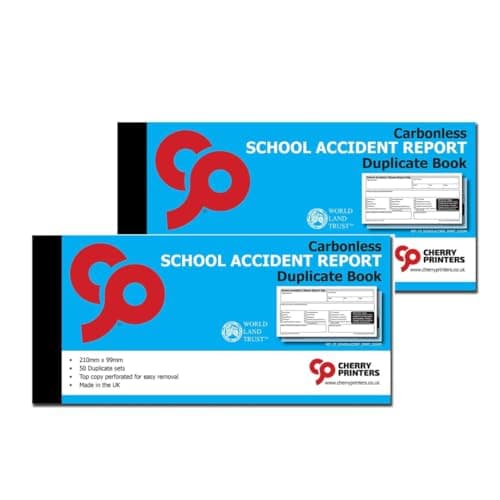 Image of Cherry Printers Carbonless School Accident Report Duplicate Book GDPR | 99mm x 210mm | 50 2part Sets | Both Copies Perforated | Ideal for Schools, Nurseries & Childcare Providers **2 Pack**