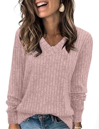 Image of Aokosor Long Sleeve Tops Women UK- V Neck Jumpers for Women Ladies Basic Lightweight Tunic Pink Size 6-8