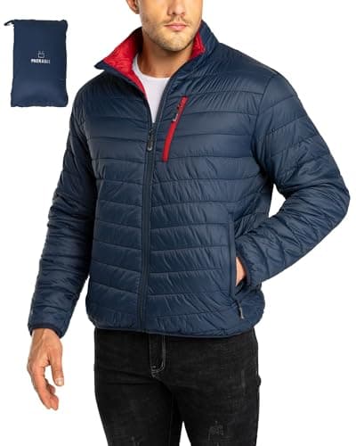 Image of 33,000ft Mens Winter Lightweight Jacket Warm Short Packable Puffer Jacket Transitional Padded Jacket Quilted Jacket for Men Lined for Hiking Travelling Navy Blue+Red 2XL