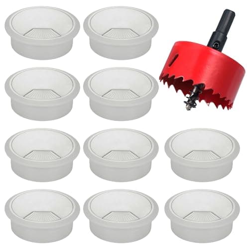 Image of Hejo 10PCS Desk Grommet, Table Cable Grommet 60mm with Hole Saw, Round Cord Cable Hole Cover Wire Organizer for Home and Office Table (Grey)