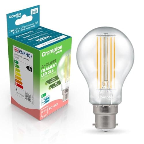 Image of Crompton Lamps LED Ultra-Efficient GLS 7.2W BC-B22d A-Class (100W Equivalent) 3000K Warm White Clear 1521lm BC Bayonet B22 Energy Efficient Filament A-Rated Light Bulb