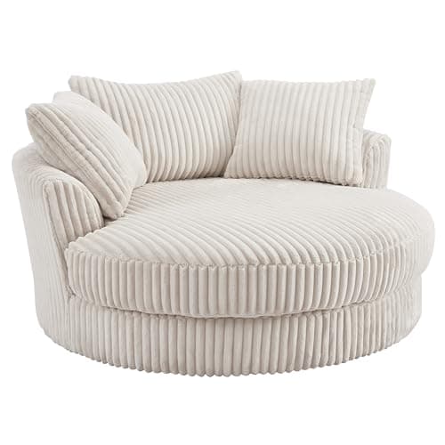 Image of Home Detail Fabric Swivel Sofa Loveseat with Swivel Function, Large Cuddle Chair Sofas in Teddy Jumbo Cord Fabric (Cream Teddy Jumbo Cord)