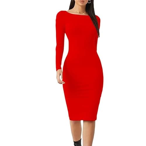 Image of R&N FASHIONS - Womens Plain Bodycon Long Sleeve Maxi/Midi Dress - Round Neck Casual – Comfortable & Lightweight – Suitable for The Holiday, Travel, Party, Wedding, Cocktail, (red, 8-10)