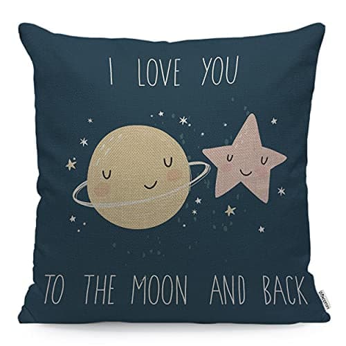 Image of WONDERTIFY Star Cushion Cover Cute Cartoon Stars Planets Quote I Love You To The Moon And Back Decorative Throw Pillow Covers For Couch, Bed Sofa Pillows Case Blue 45X45 Cm
