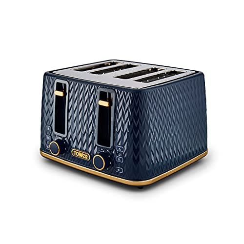 Image of Tower T20061MNB Empire 4-Slice Toaster with Defrost/Reheat, Removable Crumb Trays, 1600W, Midnight Blue and Brass