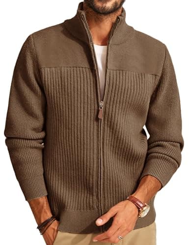 Image of PJ PAUL JONES Mens Knitted Cardigan Full Zip up Ribbed Stand Collar Warm Sweaters Winter Jacket S Brown