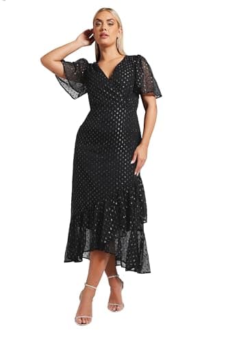 Image of Yours London Curve Metallic Dobby Wrap Dress - Women's - Plus Size Curve Black