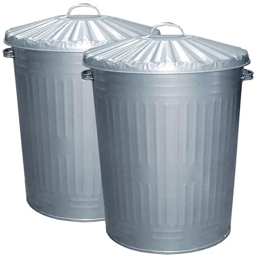 Image of 2x Large Galvanised Metal Bins with Dustbin Lids - 95 Litre Bins Ideal for Home, Kitchen, Outdoor Use and Animal Feed