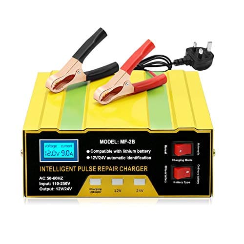 Image of Hoypeyfiy 12V/24V 10A Smart Car Battery Charger - Automatic Battery Maintainer & Monitor for Cars, Trucks, Motorcycles, Boats, Lawn Mowers - Compatible with Lithium Lead-Acid Batteries