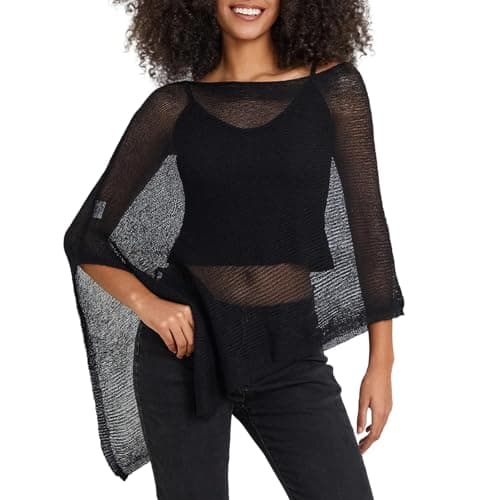 Image of Qtinghua Womens Sheer Poncho Shrug Bolero Lightweight Knitted Shawls Pullover Sweater Ladies Summer See Through Cover Up Mesh Poncho (Black, ONE SIZE)
