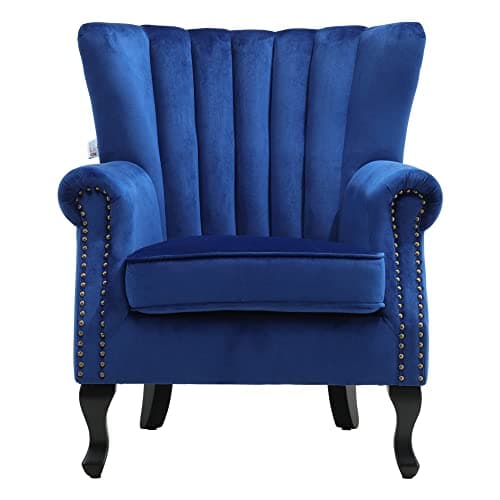 Image of INMOZATA Velvet Armchair Accent Dining Chair High Wingback Arm Rest Occasional Chairs with Solid Wood Legs for Living Dining Room Bedroom Reception Chair (Blue)