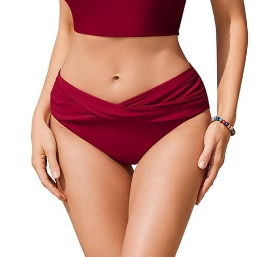 Image of Ekouaer Women's Bikini Bottoms Swim Pants Twist Front Ruched Swimsuit Basic Swimwear Wine Red L