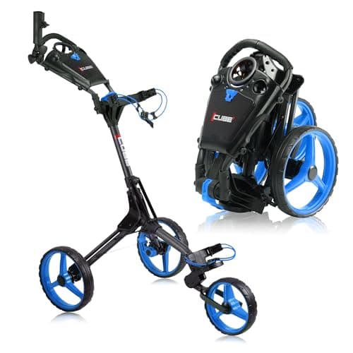 Image of Cube CART 3 Wheel Push Pull Golf CART - Two Step Open/Close - Smallest Folding Lightweight Golf CART in The World - Choose Color! (Charcoal/Blue)