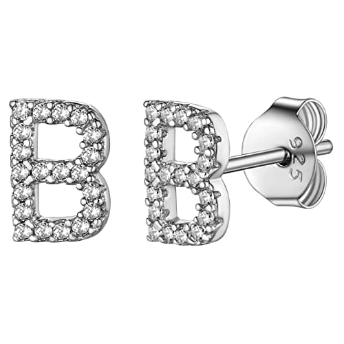Image of Initial Stud Earrings for Women Sterling Silver with Fully CZ Name Letter B Capital Bling Simulated Diamond Pierced Studs Jewellery