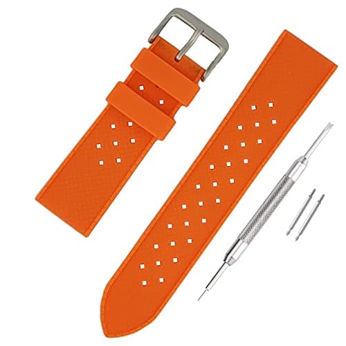 Image of Buckle & Stitch Vintage Tropical Silicone Diver Strap | 20 mm Orange | Retro Rubber Dive Watch Band | Waterproof Perforated Rubber Dive Sport Watchstrap | Spring Bars and Tool Included (20mm, Orange)
