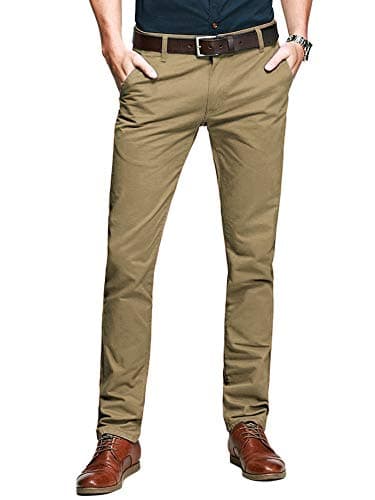 Image of Aeslech Mens Tapered Stretch Chinos Casual Smart Trousers Formal Regular Fit 169 Khaki 32