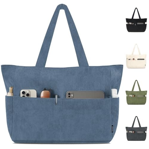 Image of HOMESPON Corduroy Tote Bag for Women with Zipper Large Shoulder Bag Handbag for Work School Shopping Travel Gym Blue