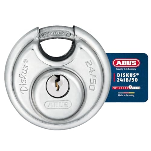 Image of ABUS Diskus padlock 24IB/50 made of stainless steel – with 360° all-round protection – for securing against severe weather conditions – 35041 – ABUS security level 7 – silver