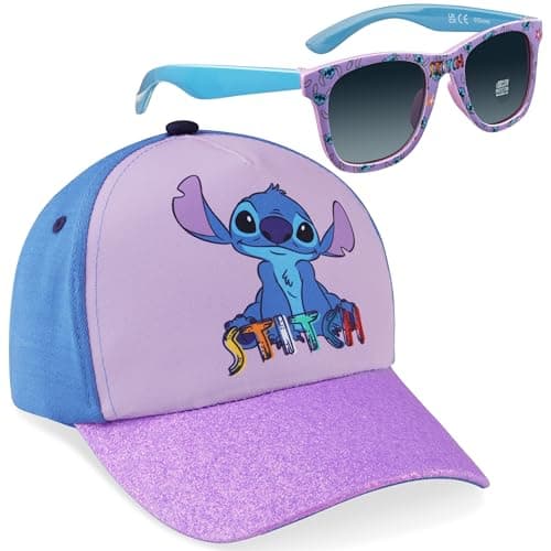 Image of Disney Stitch | Minnie Mouse | Frozen | Ariel Baseball Cap & Sunglasses for Girls, Hat & Sun Glasses with UV 400 Protection (Purple Stitch)