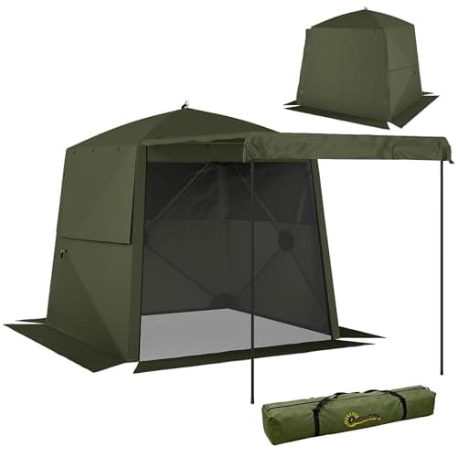 Image of Outsunny 2 x 2 m Pop Up Gazebo with Awning, Waterproof Instant Shelter for Garden BBQ, Fishing, Camping, Easy Setup Garden Gazebo with Sides, Mesh Windows & Carry Bag, Army Green