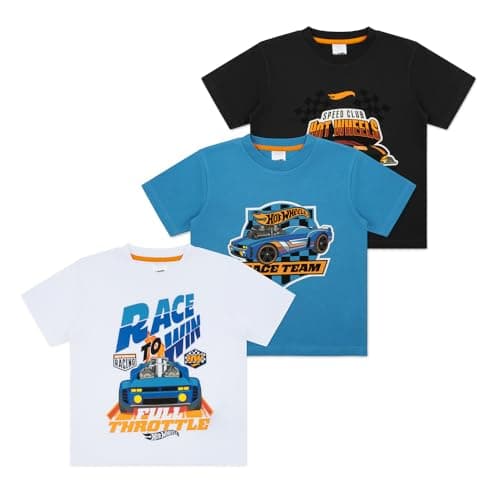 Image of Hot Wheels Boys T-Shirts Pack of 3 |Short Sleeve 3PK Multipack T-Shirts for Boys | Official Clothing Merchandise (UK, Age, 6 Years, 7 Years, Regular, Blue/Black/White)