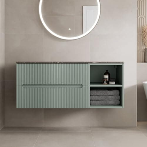 Image of Vitusso® 1200mm Bathroom Vanity Unit Grey Marble Countertop Wall Hung Drawer Unit With Shelves Storage Furniture Matt Green, No Basin RH Shelves