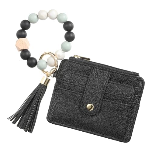 Image of SUIKIHUM Small Credit Card Wallet with Keychain Wristlet Beads Ring, PU Leather Card Holder - 8 Card Slots & 1 ID Window & 1 Zipper Pocket, Black