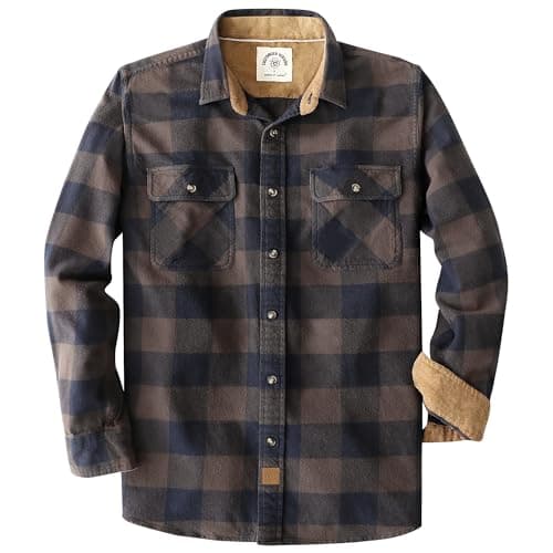 Image of Dubinik® 6 oz Flannel Shirt for Men Long Sleeve Button Down Shirts Plaid All Cotton Soft Brushed Utility Casual Navy and Brown S