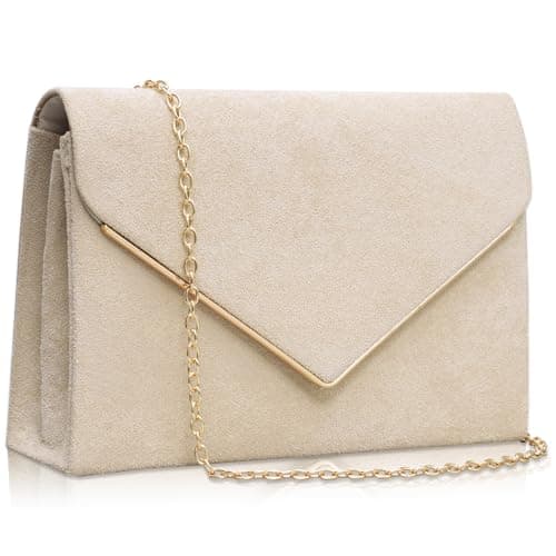 Image of Larcenciel Suede Women's Clutches, Nude Clutch Bag w/Chain & Compartments, Ladies Fashion Trapezoid Envelope Evening Handbag, Crossbody Purse Shoulder Bag for Wedding Bridal, Prom, Dinner, 22x5x15cm