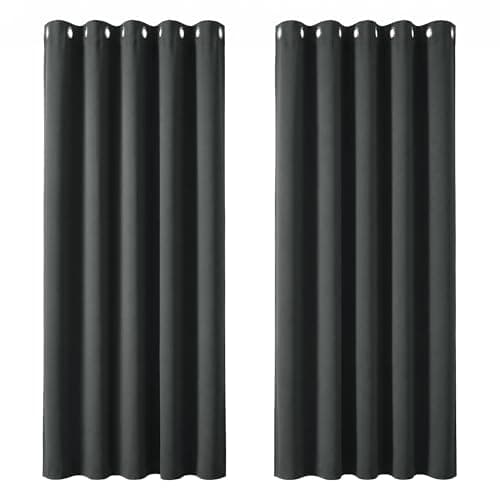 Image of Deconovo Super Soft Eyelet Curtains Thermal Insulated Window Treatment Ring Top Blackout Curtains for Livingroom 66 x 90 Drop Inch Dark Grey 2 Panels