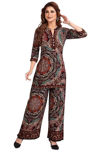 Image of Ladyline Women’s Printed Rayon Kurti Palazzo Co-ord Set | 2-Piece Tunic Top with Hand work & Sequins + Extra Wide Palazzo Pants | Ethnic Indian Wear for Party wear (RPEKP TWMER) (38/ Multicolour)