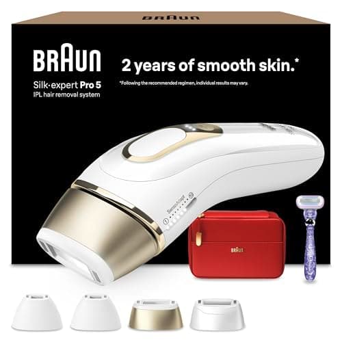 Image of Braun IPL Silk Expert Pro 5, At Home Hair Removal, Alternative for Laser Hair Removal, Includes Pouch, Wide Head, 2 Precision Heads and Venus Razor, Gift for Women, White/Gold, PL5387