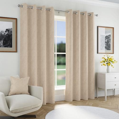 Image of Enhanced Living Chester Premium Herringbone 2 Tone Natural Blackout Curtains - 46x72 inch (117x183cm) - Jacquard Heavyweight Eyelet Curtains for Living Room - 2 x Curtain Panels