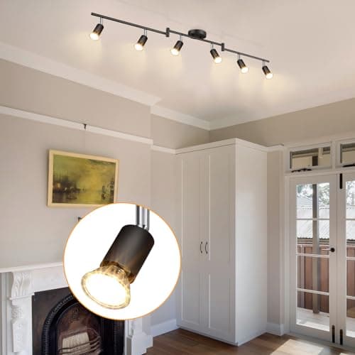 Image of DINGLILIGHTING 6 Way LED Ceiling Spot Lights Rotatable, Track Light Black Spotlight Bar for Kitchen, Living Room, Bedroom, Matt Black & Swivelling Design, 6X 6W GU10 LED Bulbs Included