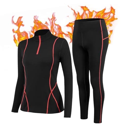 Image of TERODACO Thermal Ski Base Layers Women Half Zip Warmth Thermal Underwear Set Womens UPF 50+ Quick Dry Thermal Tops and Fleece Lined Leggings for Running Hiking Cycling,Soft 02513 02324 Black Red M