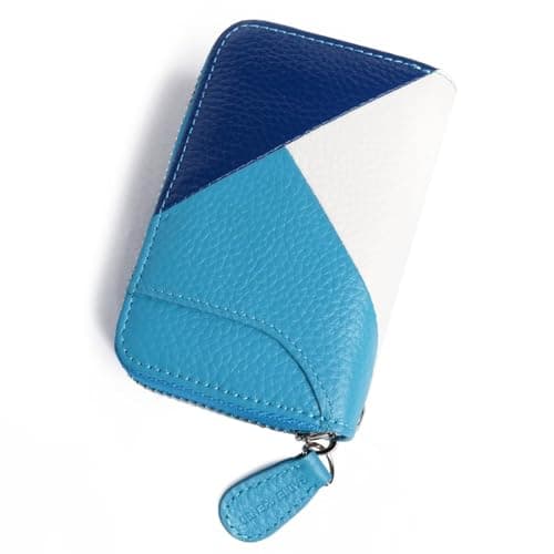 Image of Womens Credit Card Holder Wallet Zip Leather Card Case RFID Blocking Ladies Small Blocked Accordion Wallets with Stainless Steel Zipper Woman Compact Accordian ID Cards Bag (Blue/ Dark blue/ White)